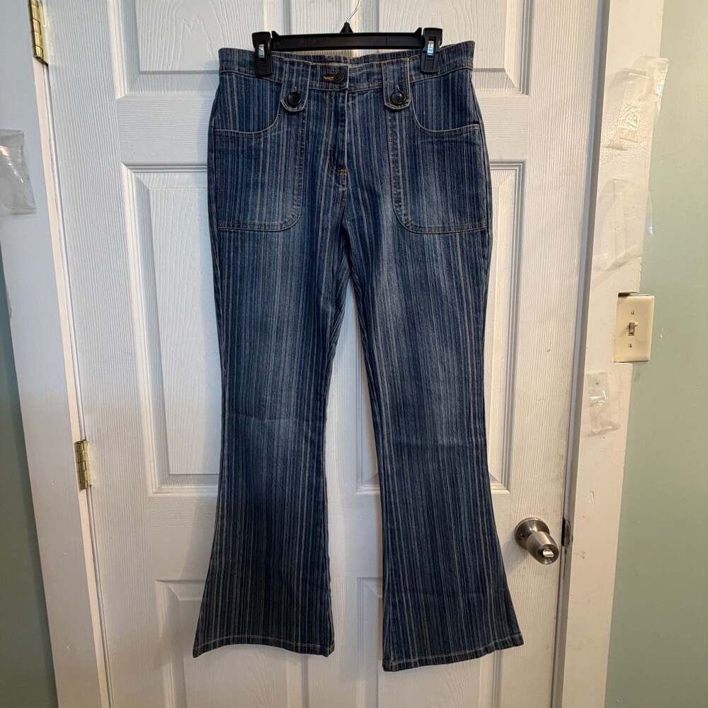 O! Jeans Women's Striped Patch Pocket Flare Leg Denim Pants Size 9/10 Y2K 00s